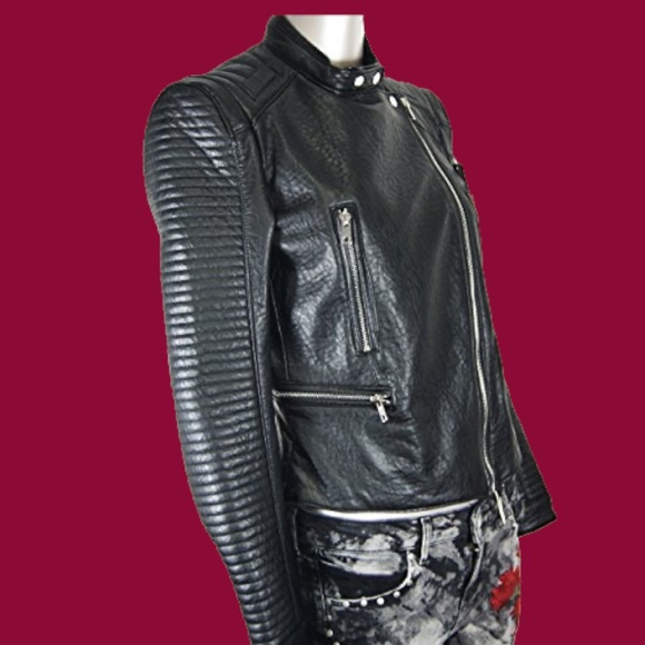 Zara Leather Moto Biker Jacket Leatherette Modern Punk Contemporary Jacket Vegan - Picture 3 of 8
